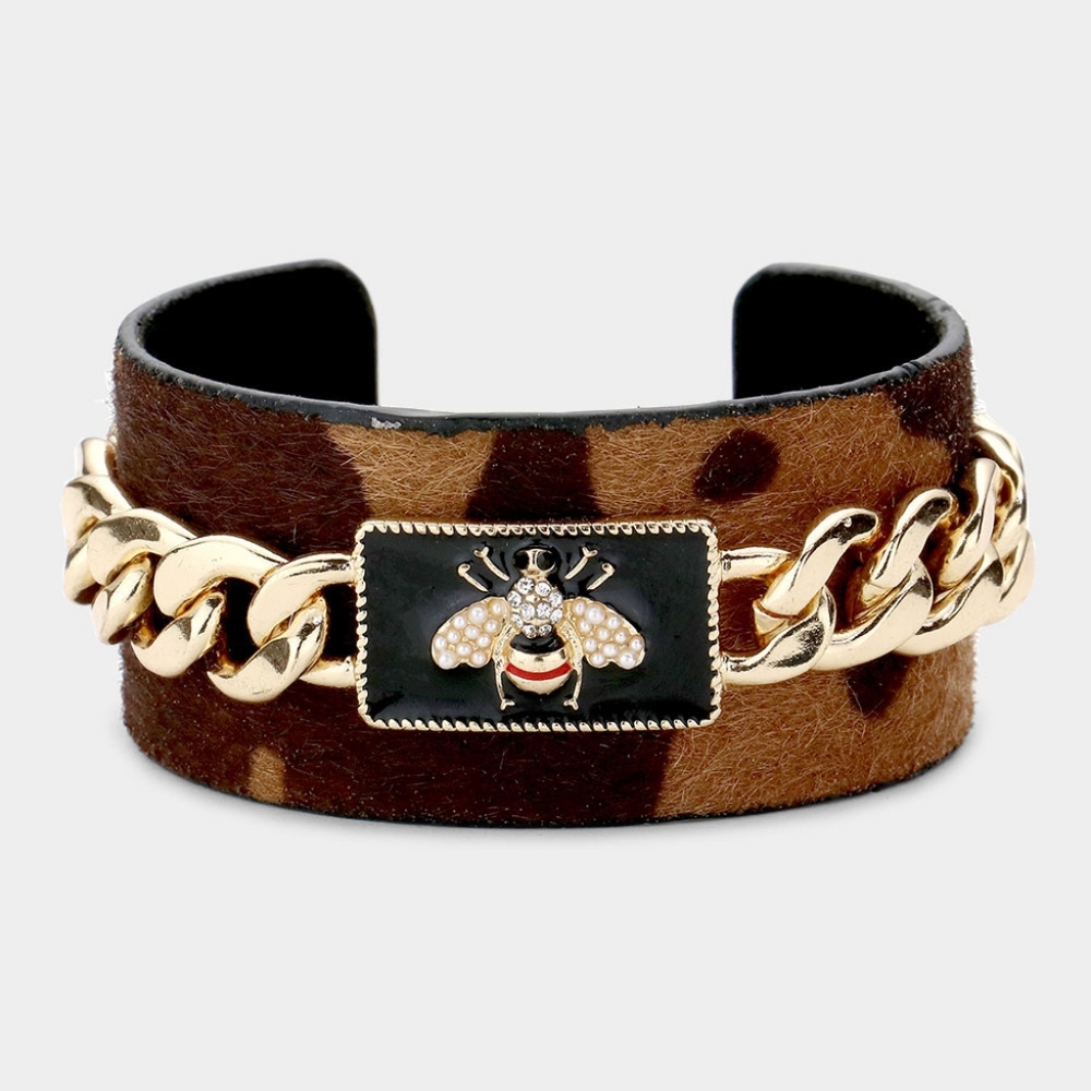 Gold Chain Link Animal Cow Print HoneyBee Cuff Dark Brown Statement Bracelet